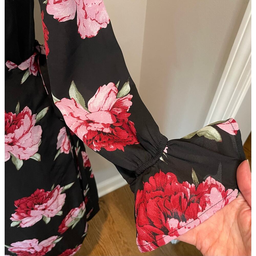 Lulus Romantic Blooms Black Floral Midi Wrap Dress Sz M Plunging Neck Black Pink - Picture 10 of 16